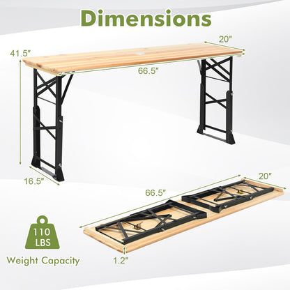 CHEFJOY 5.5FT Folding Picnic Beer Table, Outdoor Camping Table with Umbrella Hole & 2 Adjustable Heights, Heavy Duty Metal Frame & Solid Wood Top, Portable Picnic Table for Patio, Garden, Backyard