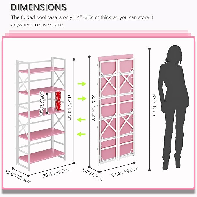 4NM 5 Tiers No Assembly Book Shelves, 51.2" H Folding Bookshelf Bookcase Open