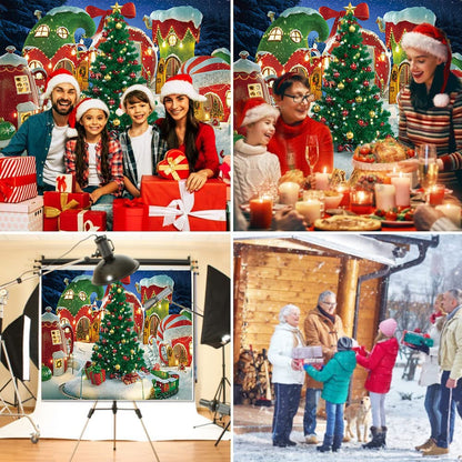 Cartoon Christmas Village Photography Backdrop Winter Snow Pine Tree Background Xmas Fairy Tale Animated Kid Party Photo Booth Banner Supplies (10x8)