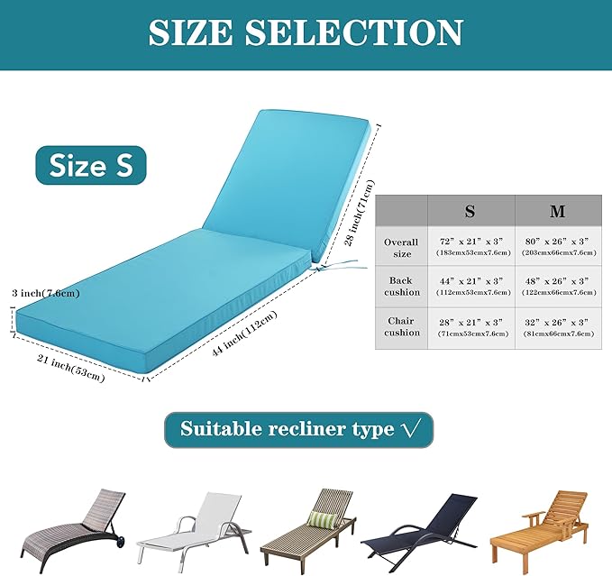 Outdoor Chaise Lounge Cushion Set of 2, Fadesafe Water-Repellent Lounge Deck