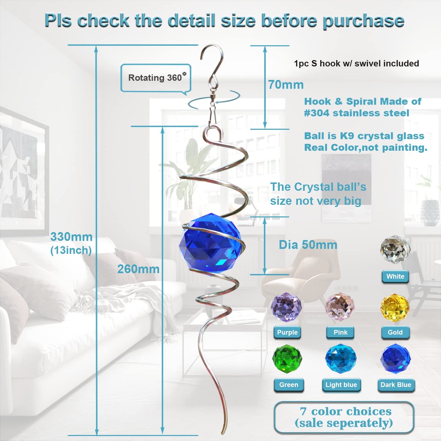 FONMY Gazing Ball Spiral Tail -Decorative Wind Spinner Sun Catcher Rainbow Maker 11 inch Tail and 2 inch Dark Blue Crystal Orb. Indoor Outdoor Garden Decoration -13 inch Height