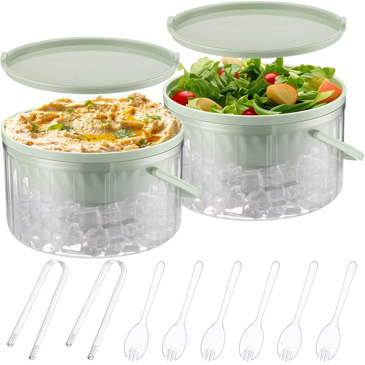 Hushee 2 Pack Chilled Dip Bowl 30oz Ice Serving Bowl with Lid Chilled Dip Bowl for Parties Cold Serving Dish with 2 Serving Tongs 6 Spoons for Hummus, Chilled Pasta, Potato, Dressing, Fruit, Salsa