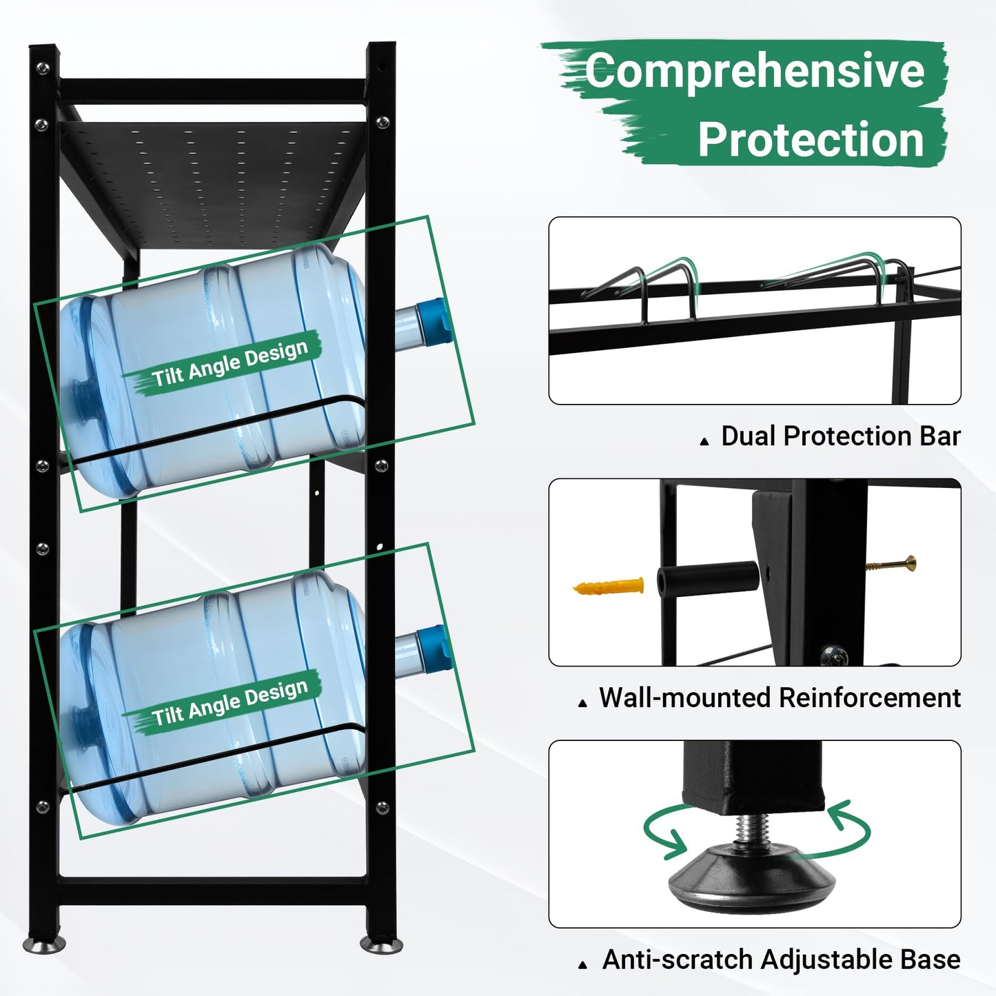 Eastrexon 5 Gallon Water Jug Holder Heavy Duty，3-Tier Water Jug Rack w/Top Shelf, Wall Mount Water Bottle Holder for 8 Bottles, Powder Coated Water Rack Stand for Home, Office, Restaurant, Gym.