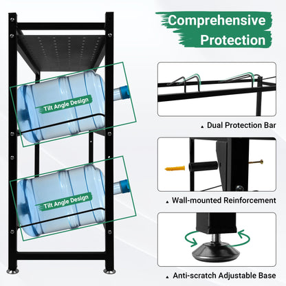Eastrexon 5 Gallon Water Jug Holder Heavy Duty，3-Tier Water Jug Rack w/Top Shelf, Wall Mount Water Bottle Holder for 8 Bottles, Powder Coated Water Rack Stand for Home, Office, Restaurant, Gym.