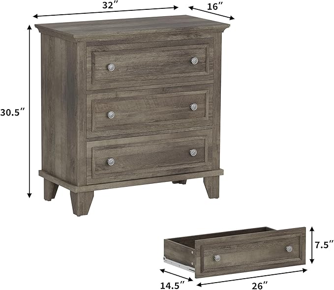 IDEALHOUSE 3 Drawer Dresser, Wooden Storage Chest of Drawers