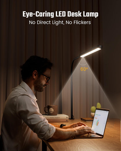 SUPERDANNY Eye-Caring LED Desk Lamp 360° Flexible Gooseneck Work Lamp with Desk Side Clamp Touch Control 3 Light Colors Smooth Dimming Task Lighting Reading Light for Home Office College Dorm, Black