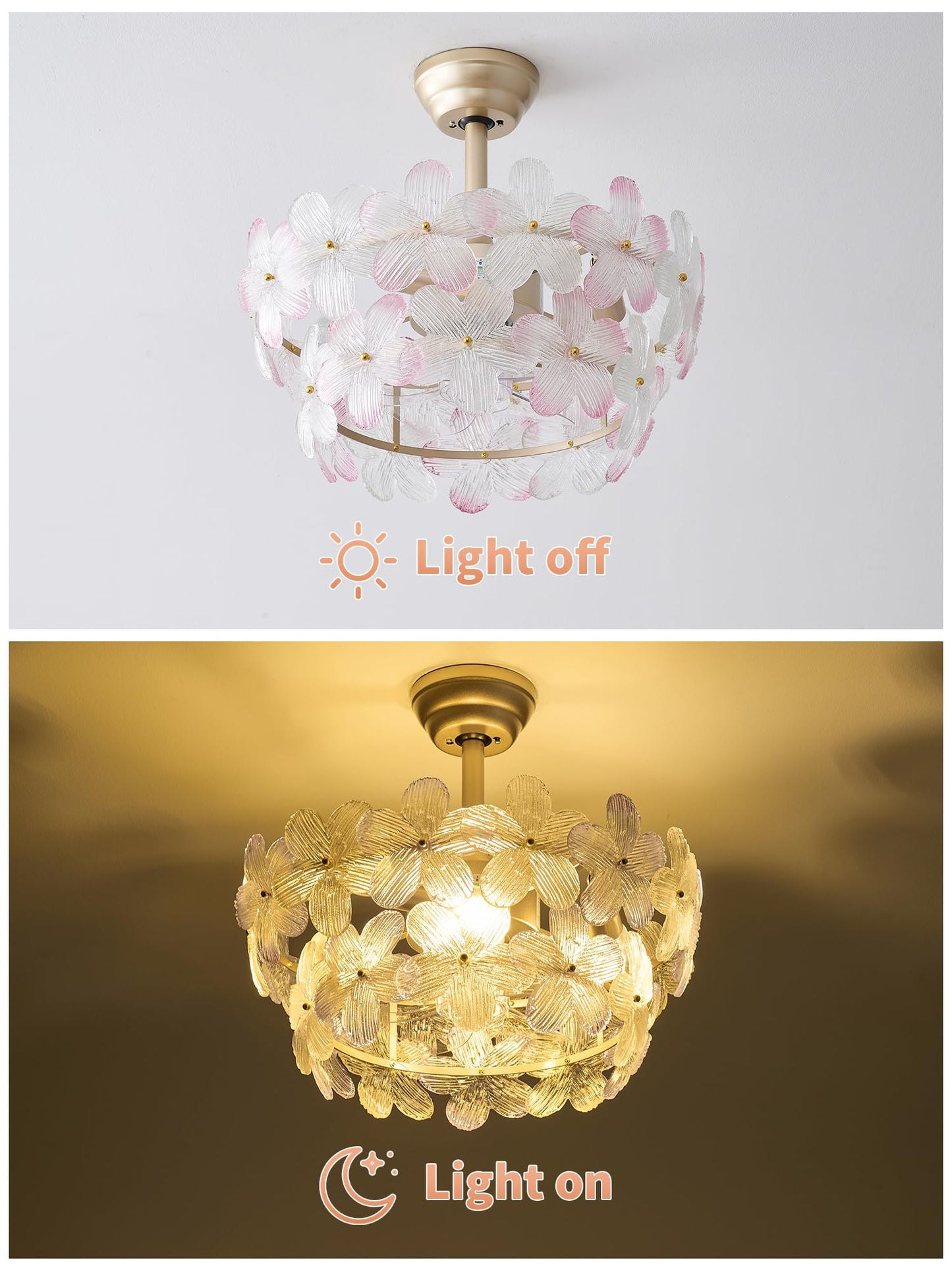 MizWacky Gold Crystal Fandelier Ceiling Fans with Lights, 20" Gold Flower Chandelier Ceiling Fan with Light Remote Control, Caged Mid Century with 6 Speeds for Bedroom, Nursery, Living Room (Pink)