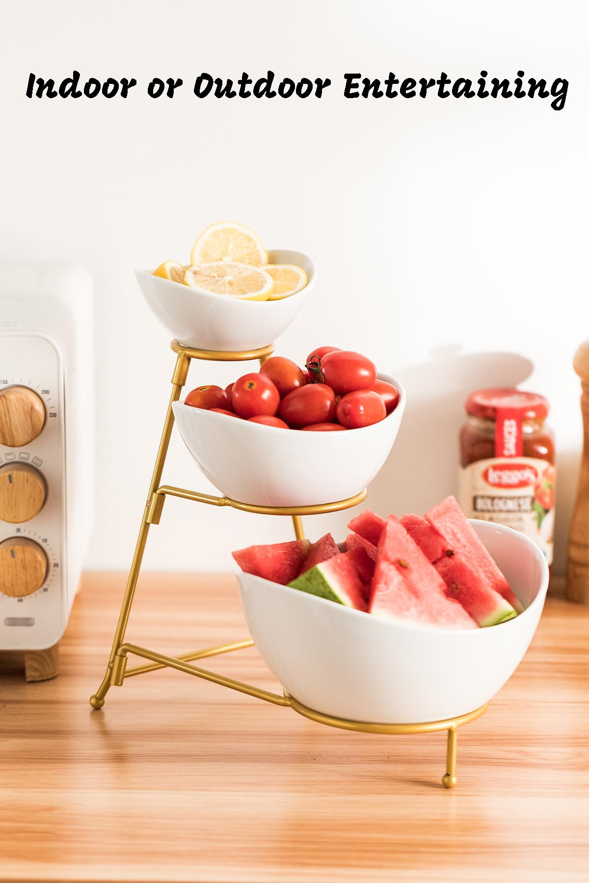 LAUCHUH 3 Tier Serving Stand Serving Dishes for Entertaining Porcelain Oval Bowl Set Tiered Serving Tray for Fruit, Vegetable, Nuts, Salad, Chip Dip Bowl Set for Father's Day, Gold