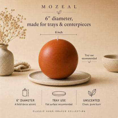 MOZEAL Hand-Poured, 6 Inch Burnt Orange Large Round Ball Candles - Elegant Burnt Orange Round Pillar Candles, Dripless, Unscented, Smokeless, Ideal for Autumn Gatherings.
