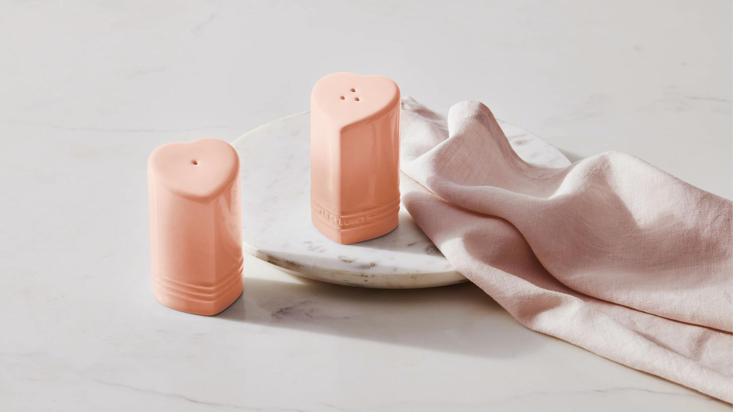 Le Creuset Stoneware Heart Shaped Salt & Pepper Shakers, 4 oz. Each, Cerise