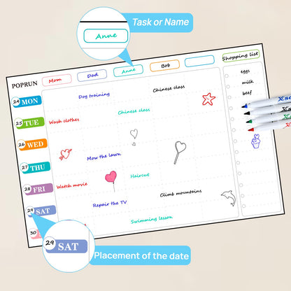 POPRUN Magnetic Weekly Family Planner Whiteboard Calendar for Fridge, A3 Meal Planner Board,Chores Chart for Family and Kids, Fridge Calendar Monday to Sunday, Dry Erase Board for Menu,Memo 43 x 28 cm