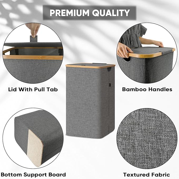 BALEINE Laundry Hamper with Lid, Tall Laundry Baskets with Bamboo Pull Handles