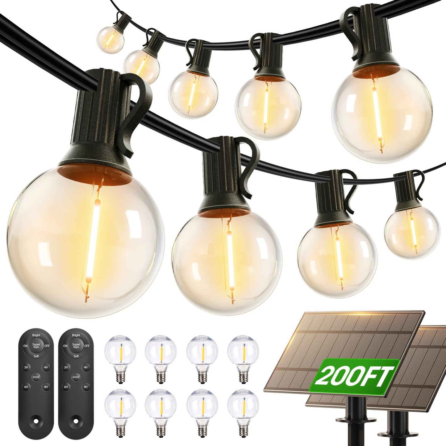 addlon 200FT(2 Pack*100FT) Solar String Lights Outdoor Waterproof with Remote, Dimmable Commercial Grade Solar Powered String Lights with 108 LED Bulbs, Hanging Light for Backyard Party Decor