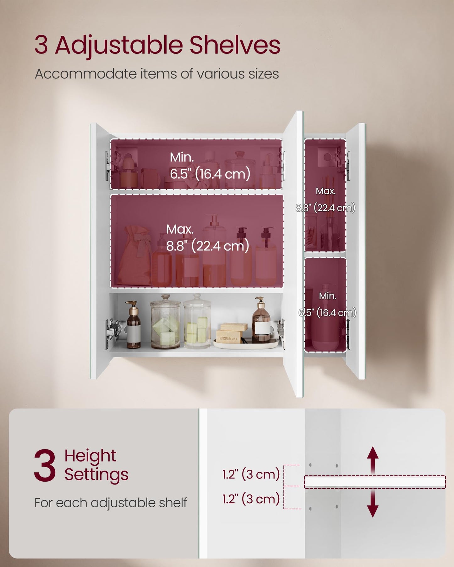 VASAGLE BBK22WT Bathroom Wall Cabinet with Mirror, 3 Door Storage Unit, 60 x 15 x 55 cm, with Adjustable Shelf, Modern, White BBK22WT