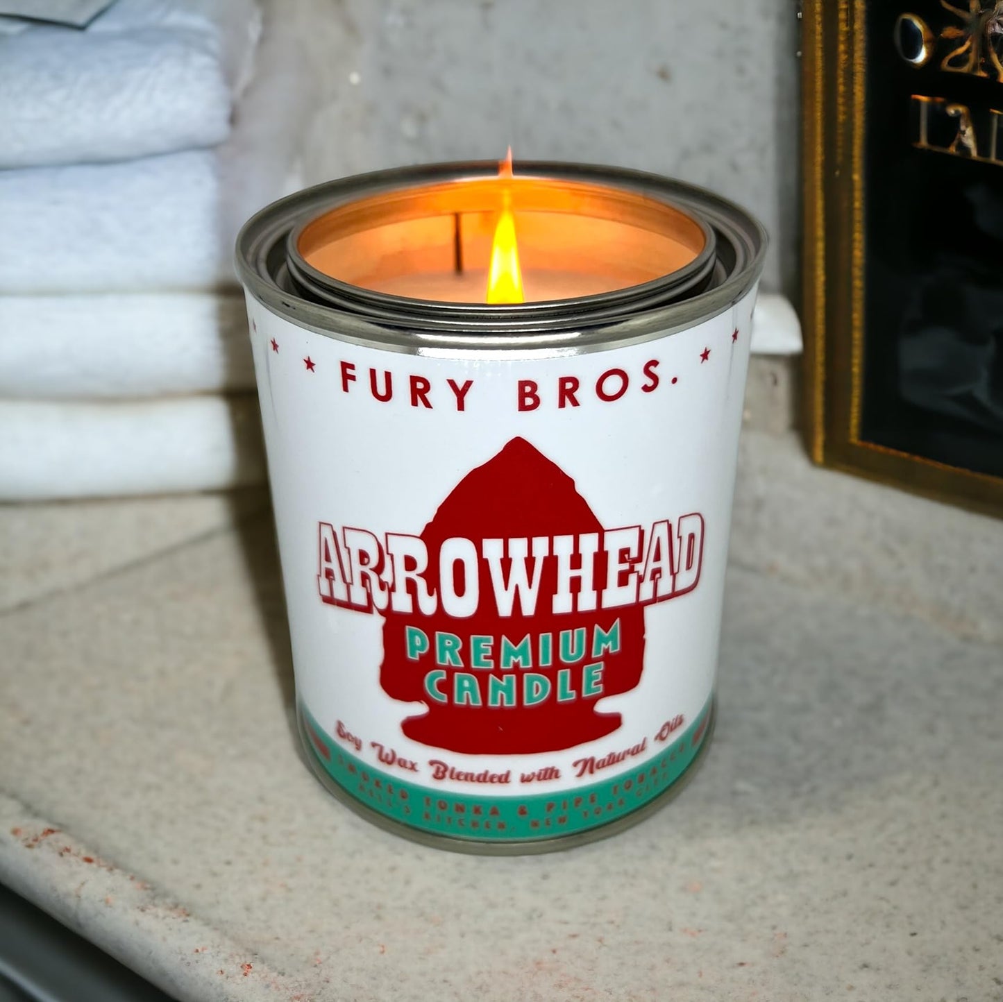 Long-Burning, One-Pint Premium Candles for Men | Vintage Inspired Oil Can Design | Arrowhead - Smoked Tonka & Pipe Tobacco | Soy Wax, Vegan Friendly, Made in The USA | Fury Bros. | Classically Cool