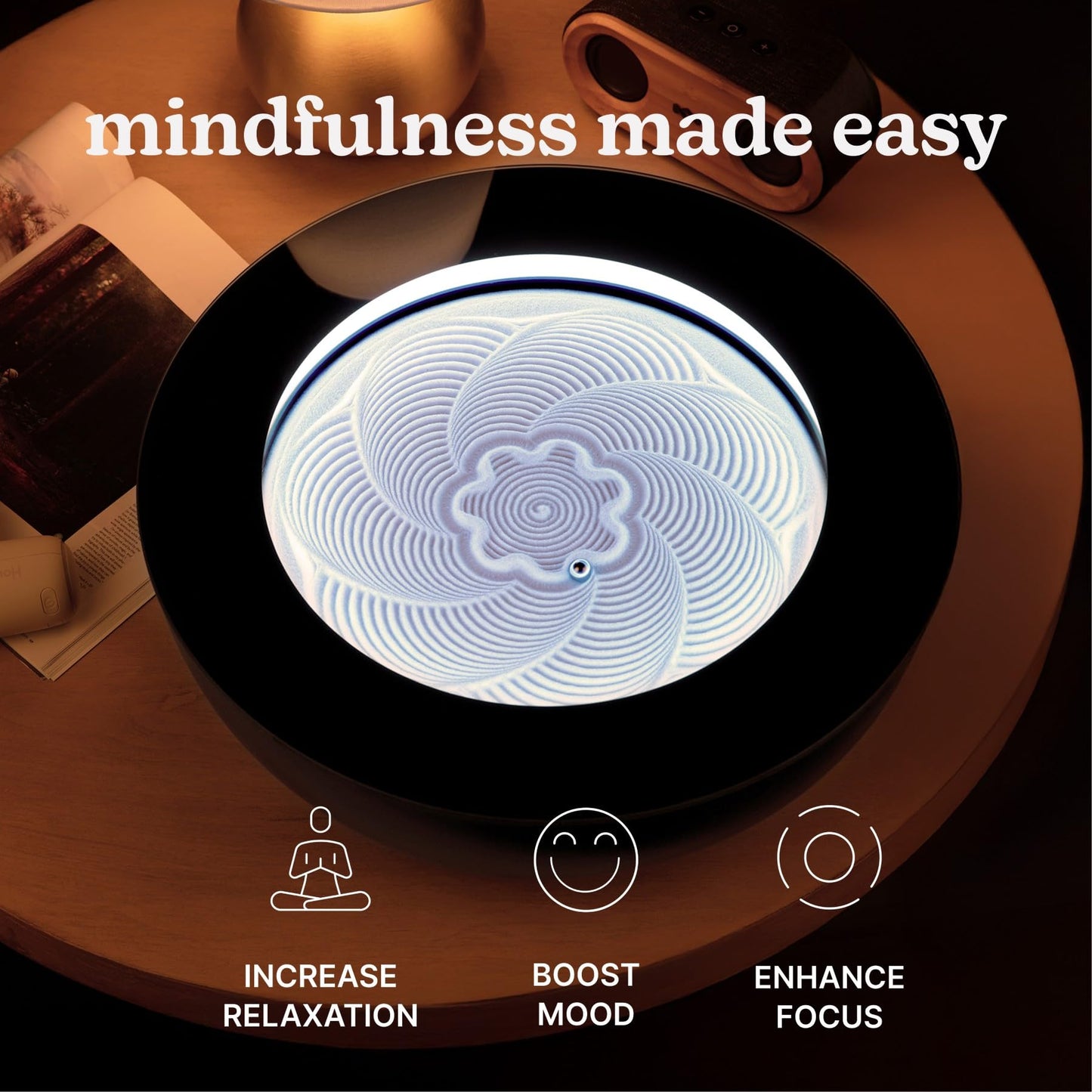 Homedics Drift Sandscape, Perpetual Motion Machine, Zen Garden, Meditation Accessories, Decorative Sandscape, Bluetooth, iOS, Android 21 Inch (Large), Black