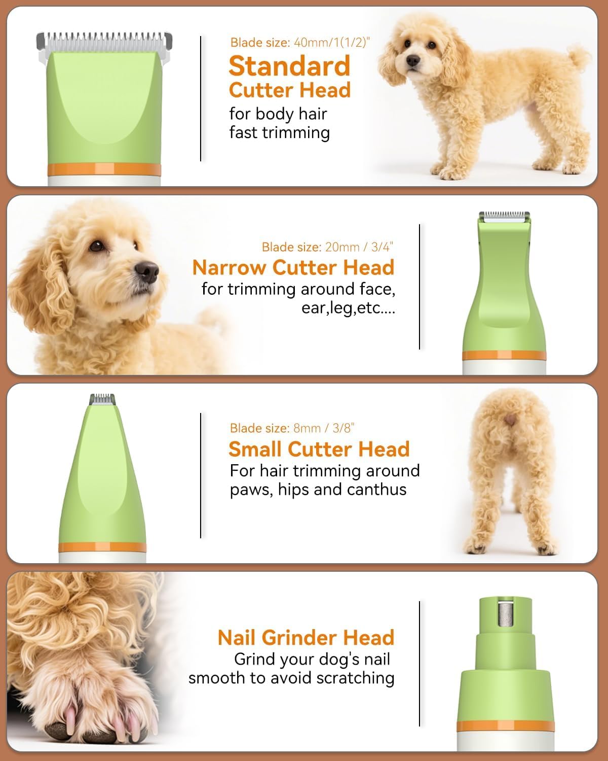 Unibono Dog Grooming Clipper Kit, Quiet Cordless Pet Clipper for Dogs & Cats, Silent Dog Cat Shaver for Paws, Claws, Eyes, Ears, Face with Grooming Scissors Comb, Green