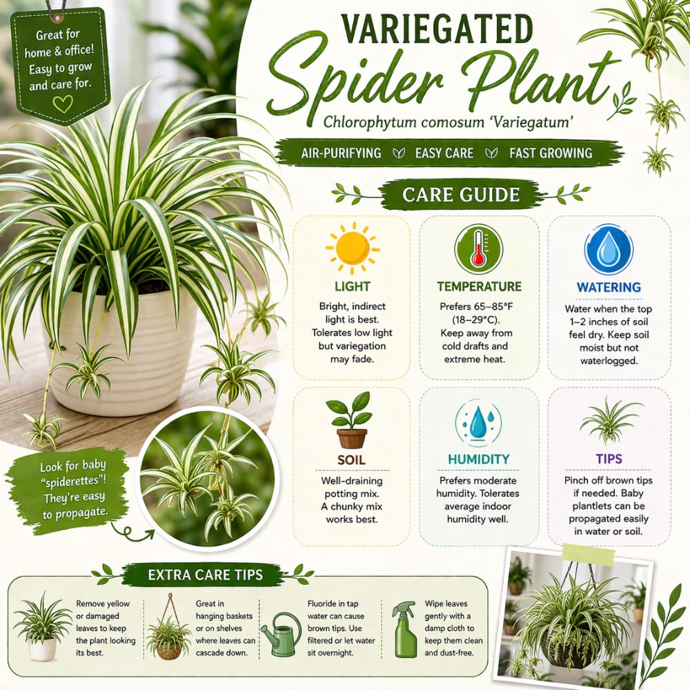 Variegated Spider Plant Live, 4-6" Tall in 4" Pot, Chlorophytum Comosum Indoor Houseplant, Variegated Green and White Leaves, Fully Rooted, Suitable Home and Office Decor
