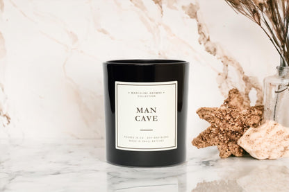 LEOBEN CO – Man Cave Scented Mens Candle – 9oz, Masculine Collection Design – 50 hr Burn Time – Poured in California Using Vegan Soy Wax and Essential Oils – Made in Small Batches