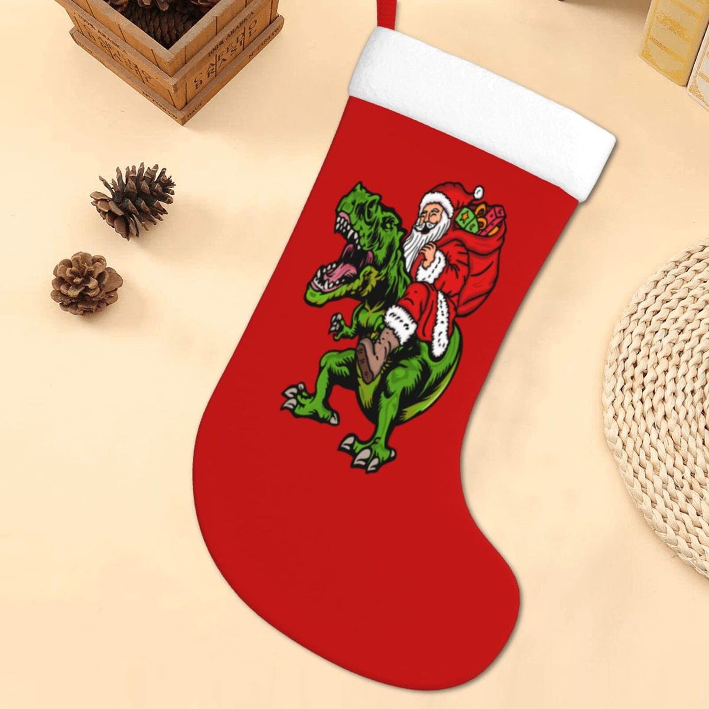 Yilad Christmas Stockings Dinosaur Santa Claus Xmas Stockings with Plush Faux Fur Cuff Decoration for Holiday Family Party 16.5 Inches