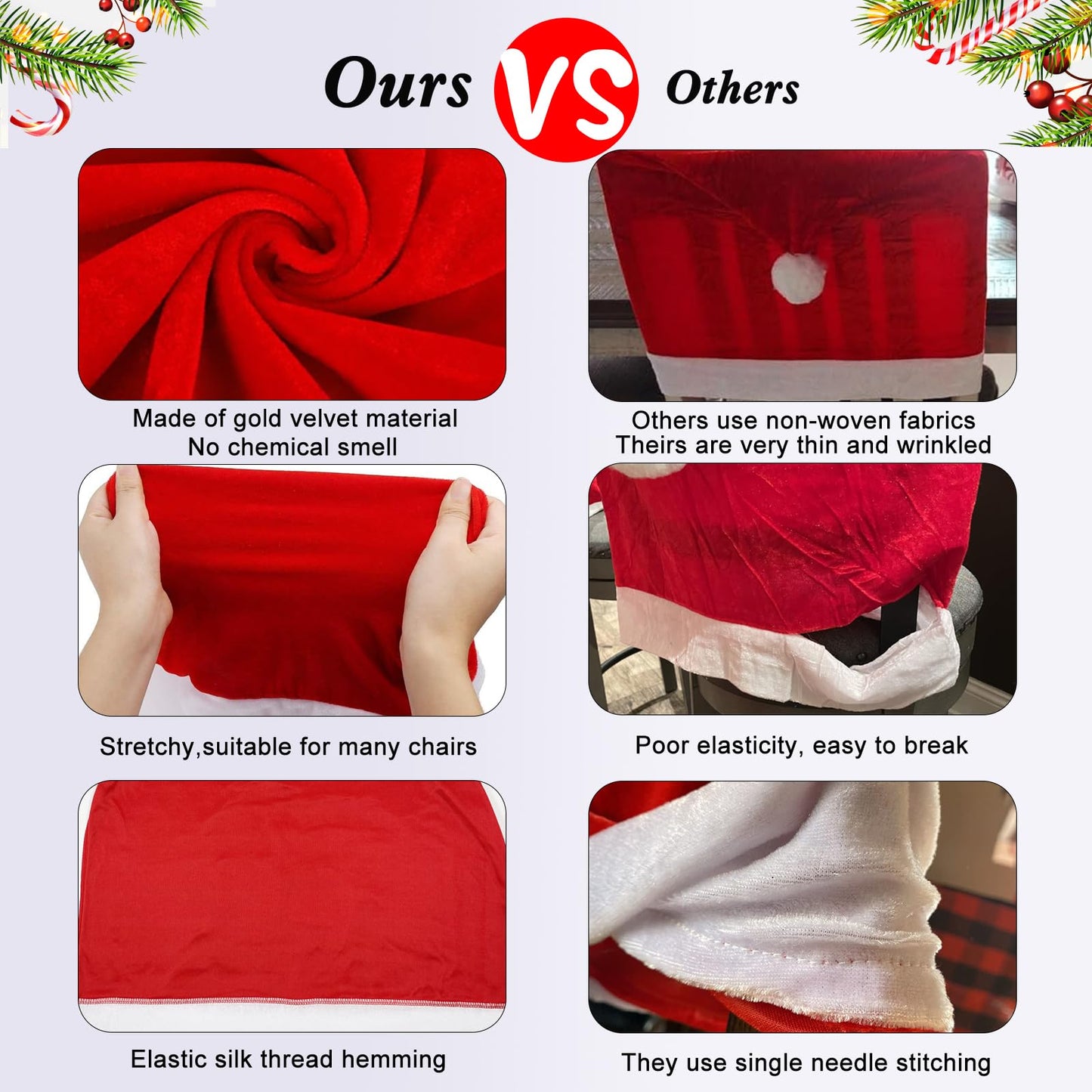 SATXTREM Christmas Chair Covers Set of 4,Red and White Santa Claus Hat Chair Back Covers for Xmas Holiday Festival Indoor Kitchen Bar Counter Stools Decorations Dining Room Table Decor