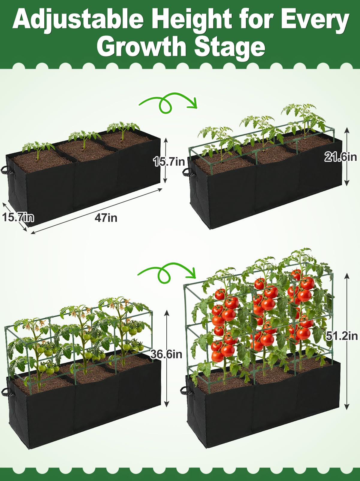 Tomato Cage with 3 Compartment 51 Gallon Grow Bag - 47" L × 15.7" W × 45" H Heavy Duty Square Tomato Planter Trellis, Easy to Assemble, for Garden Patio Balcony Climbing Vegetables Flowers Fruits