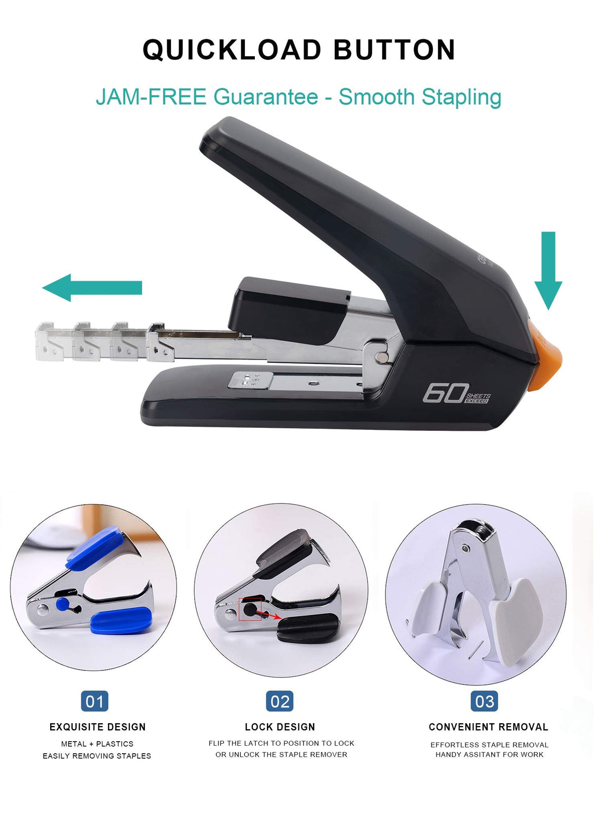 Deli Effortless Heavy Duty Stapler, One Touch Stapling, Easy to Load Ergonomic Stapler, 60 Sheet Capacity, Includes 2000 Staples and Staple Remover for Desktop