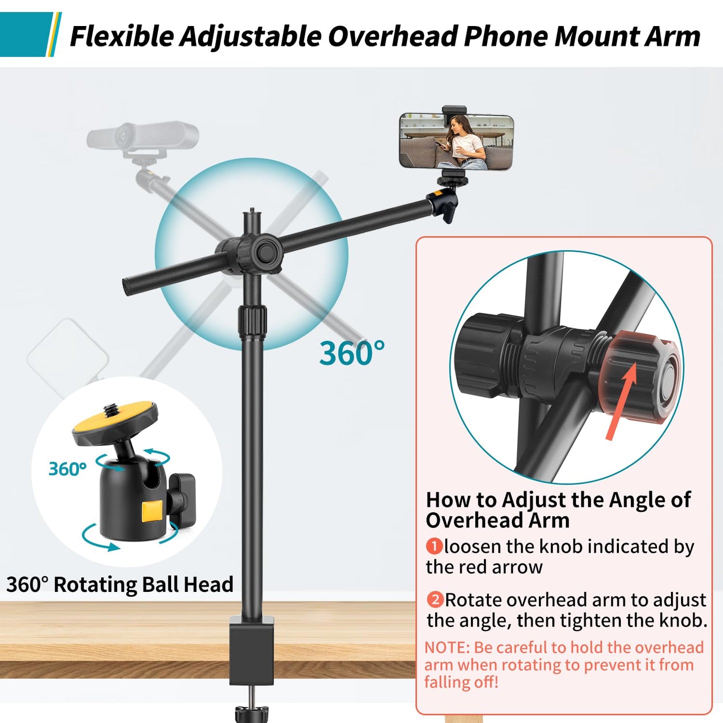 Overhead Camera Mount Desk Stand, Camera Arm Desk Mount Clamp Stand with 360°Adjustable Magic Arm, Webcam Arm Mount Stand w Ballhead Phone Mount for Desk Logitech Microphone Video Light Cell Phone