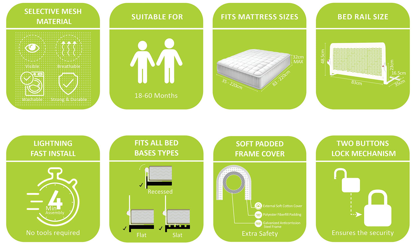 Littles Bed Guard Rail for Toddler, Child & Baby. Fits Single, Double Up to King Size Beds, White, 83 cm x 48.5 cm
