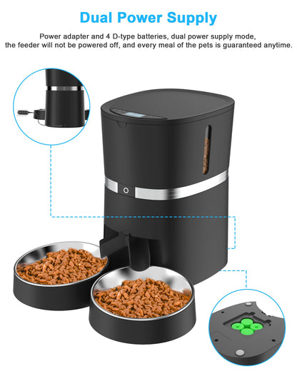 Smart Cat Feeder, WellToBe Automatic Cat Feeder WiFi Enable Pet Dog Food Dispenser App Control for Cat&Dog with Two-Way Splitter and Two Bowls, Voice Recorder Distribution Alarms, Portion Control