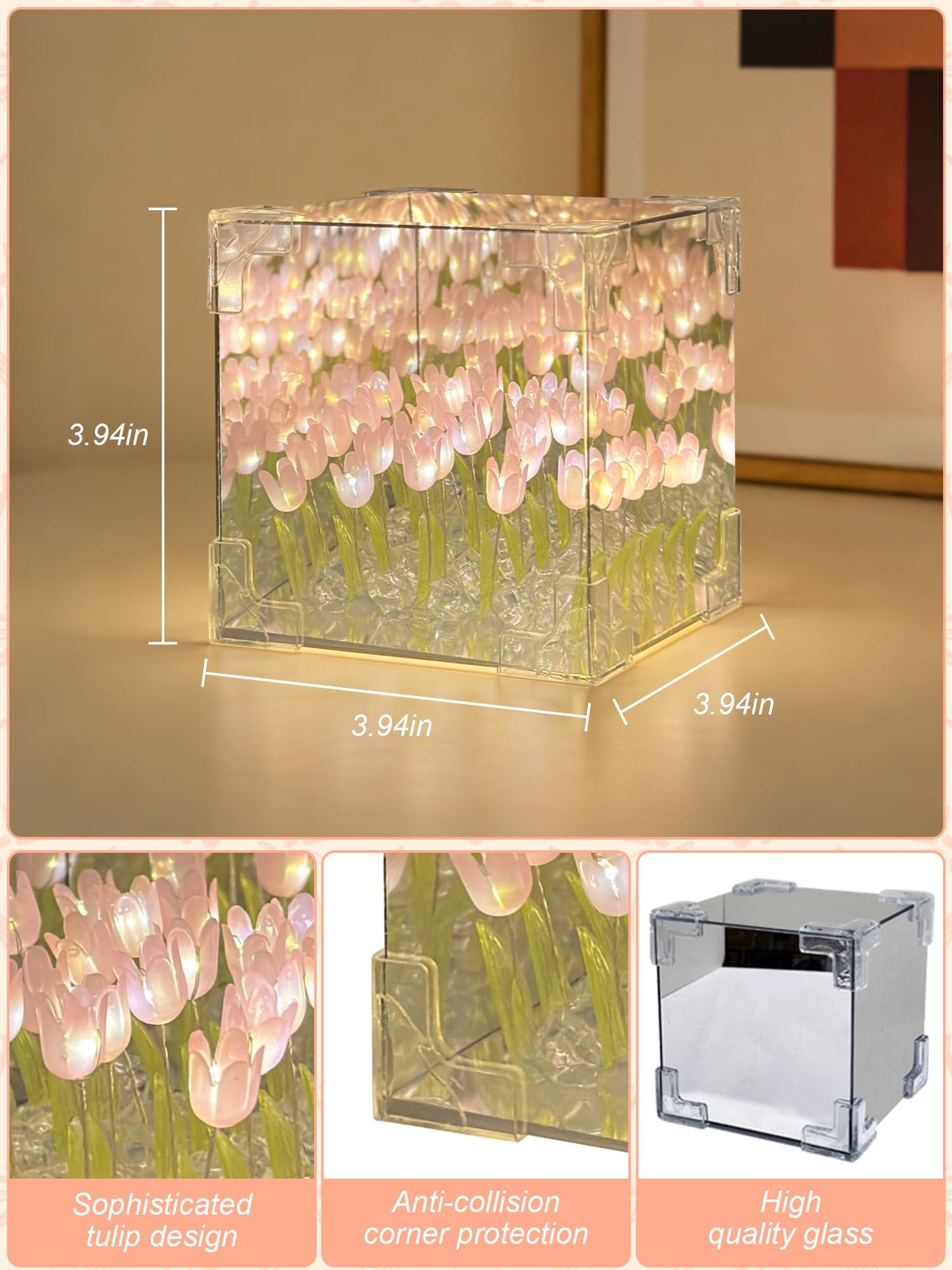 DIY Tulips Cube Mirror Lamp,Finished Tulip Night Light,Handmade Tulip Flower Magic Lights,Bedroom Living Room Desktop Decor for Mom,Girl,Couple,Friend Birthday Gift(Includes 13 LR44 Button Batteries)