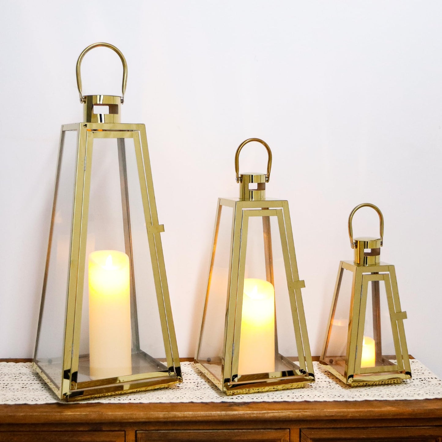 TRIROCKS Set of 3 Stainless Steel Candle Lantern 21/16/11''H Metal Outdoor Candle Holder Decorative Hanging Lantern with Tempered Glass for Home Living Room Parties Event Indoor Outdoor(Gold Triangle)