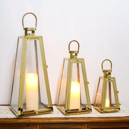TRIROCKS Set of 3 Stainless Steel Candle Lantern 21/16/11''H Metal Outdoor Candle Holder Decorative Hanging Lantern with Tempered Glass for Home Living Room Parties Event Indoor Outdoor(Gold Triangle)