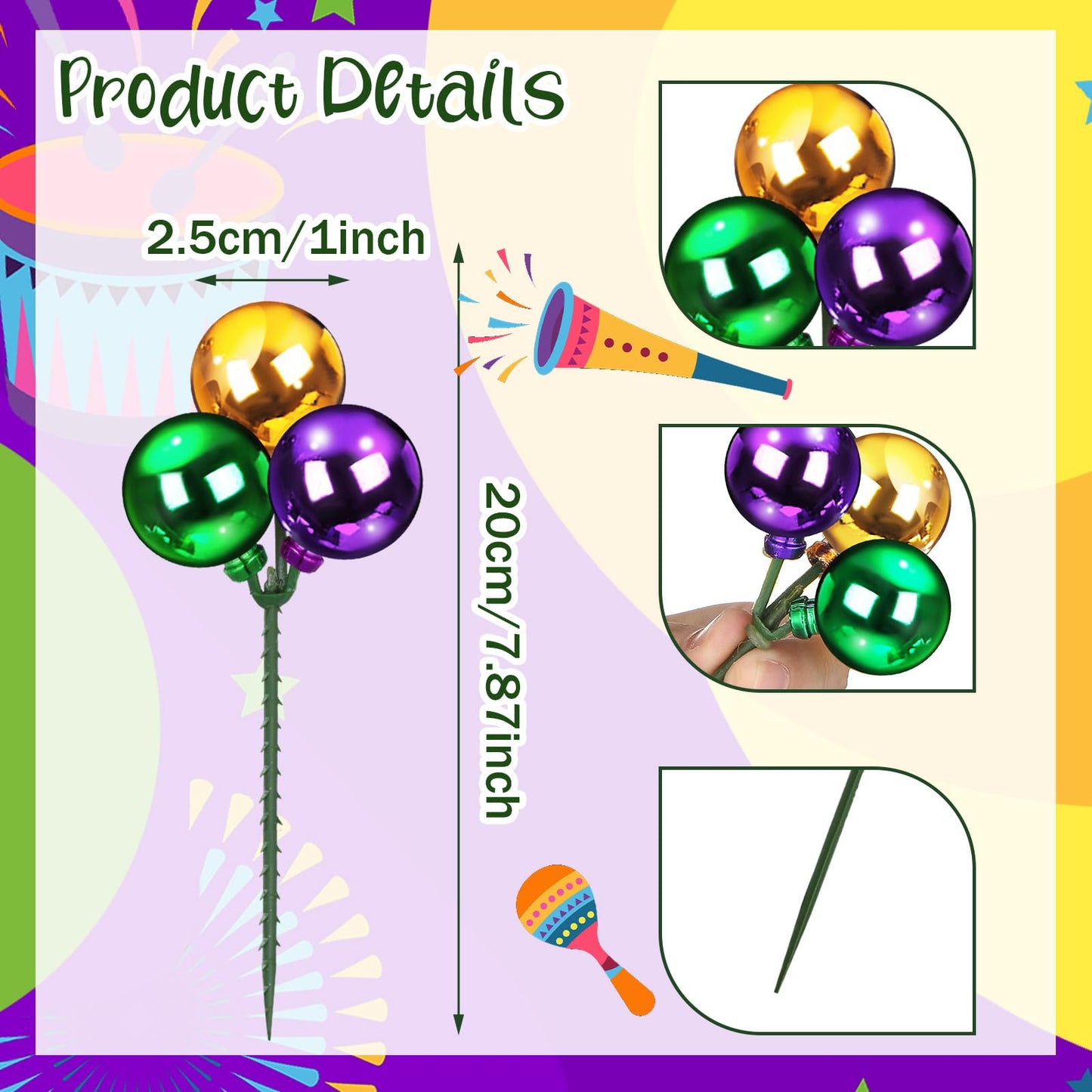 Syhood 12 Set 7.9 Inch Mardi Gras Ball Picks Shatterproof Purple Green and Gold Ball Ornaments on Wired Picks Glitter Carnival Glitter Stems for Mardi Gras Tree Vase DIY Decoration Supplies