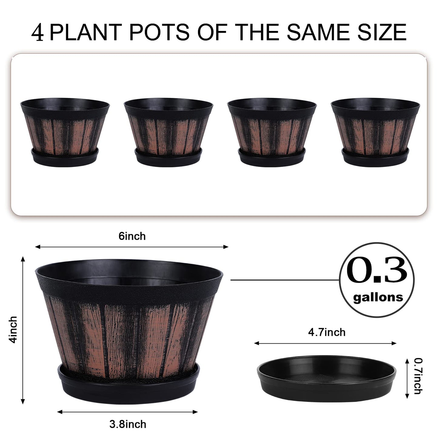 Quarut 6 inch Brown Barrel Planters with Drainage Holes & Saucer, Set of 4, Indoor & Outdoor Garden Home Plants