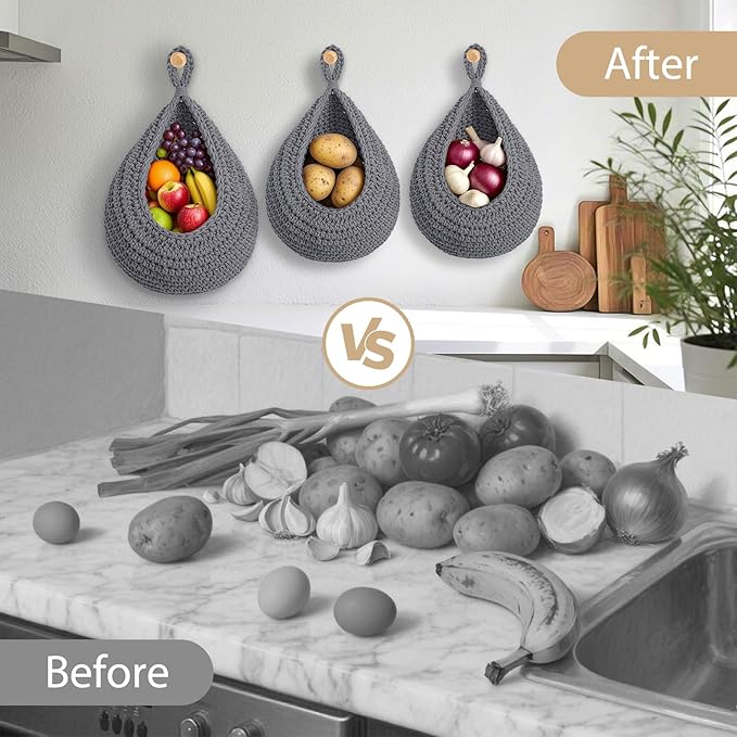 Hanging Fruit Baskets for Kitchen, 3 Pack Boho Cotton Rope Handwoven Vegetable
