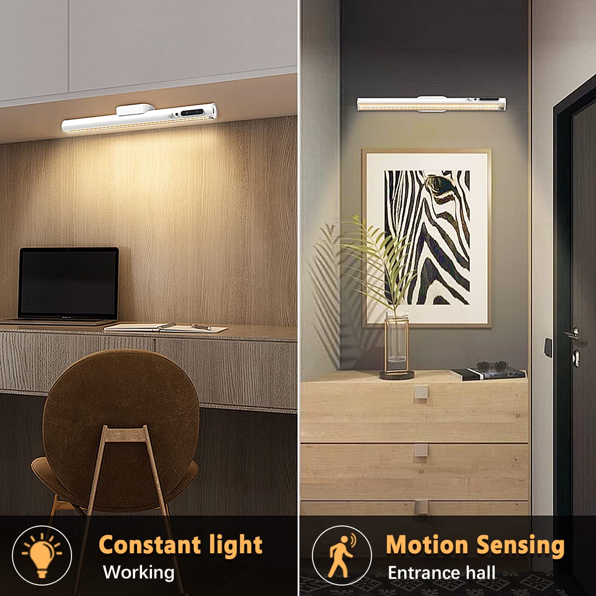 bravzurg Motion Sensor LED Strip Light Bar, Battery Operated Wall Lights, 4000mAh Rechargeable Lamp, Magnetic Dimmable Remote Control, Under Cabinet Kitchen Light for Mirror Bathroom Bedroom – White