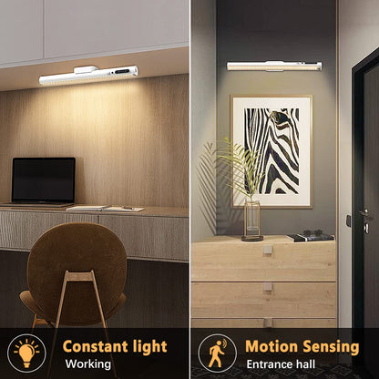 bravzurg Motion Sensor LED Strip Light Bar, Battery Operated Wall Lights, 4000mAh Rechargeable Lamp, Magnetic Dimmable Remote Control, Under Cabinet Kitchen Light for Mirror Bathroom Bedroom – White