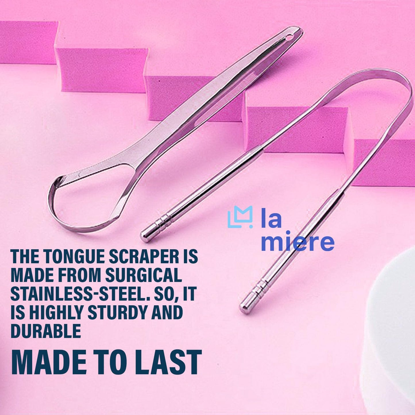 LA MIERE Tongue Scraper (2 Pack), 100% Stainless Steel, Easy to Use Tongue Scraper for Adults, Tongue Cleaner for Oral Care & Hygiene with Natural Cotton Bag
