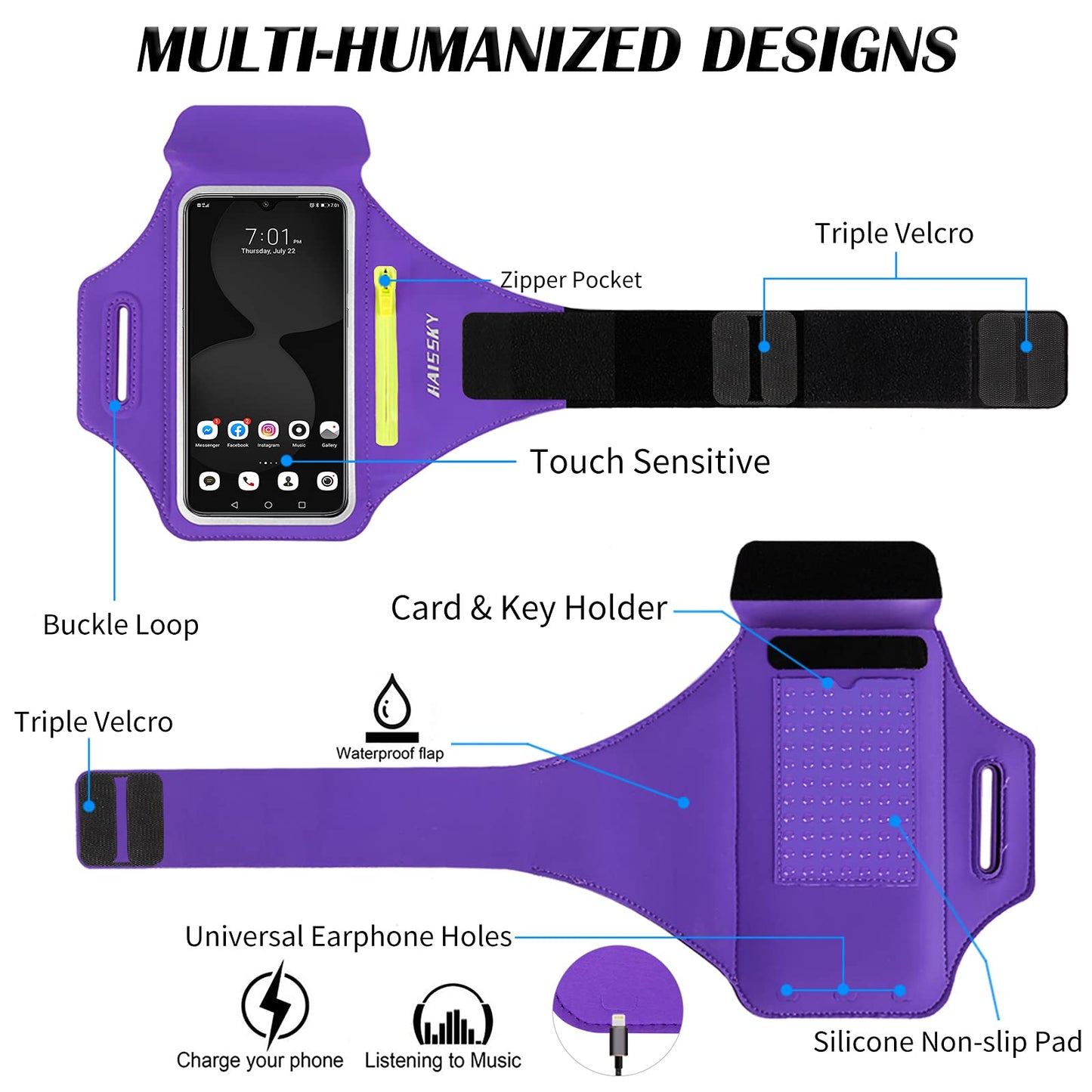Running Armband with Earphone Bag Cell Phone Armband for iPhone 17 16 15 Pro 14 Plus 13 11 XR, Galaxy S24/S10 Water Resistant Sports Phone Holder Case & Zipper Slot Car Key Holder for 6.7 inch Phone
