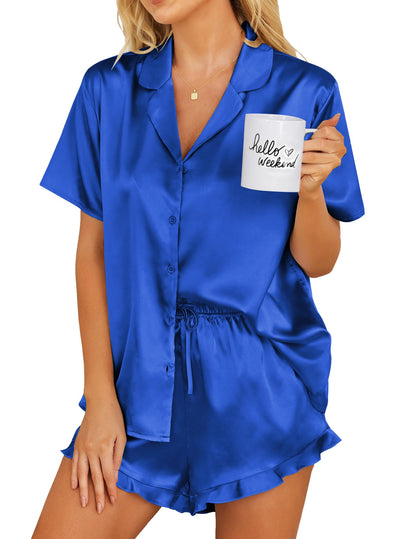Ekouaer Womens Satin Pajamas Set Button Down 2 Piece Silk Pjs Shorts Set Ruffle Lingerie Notch Collar Sleepwear