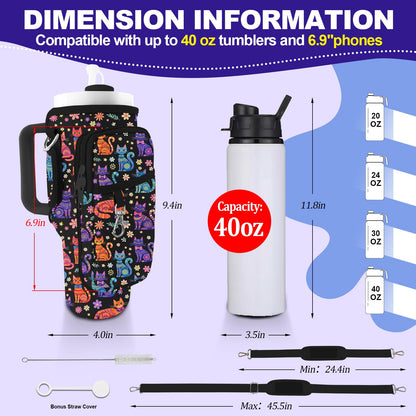 WOHAXAHOW Cat Stanley Water Bottle Bag with Adsjust Strap for 30/40 Oz Tumbler, Water Bottle Carrier with 3 Pockets, Cleaning Brush & Straw Cover, Stanley Cup Carrier Bag for Walking, Gym, Yoga