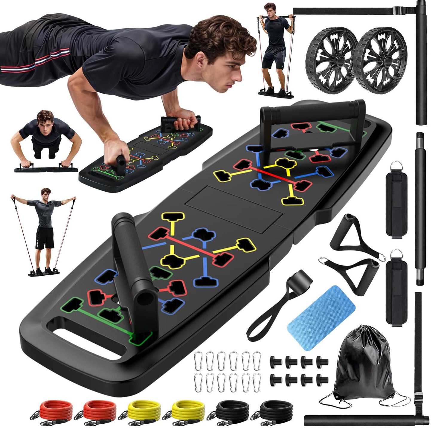 Push Up Board,Home Gym,Portable Exercise Equipment,Pilates Bar and 20 Fitness Accessories with Resistance Bands and Ab Roller Wheel,Full Body Workout at Home