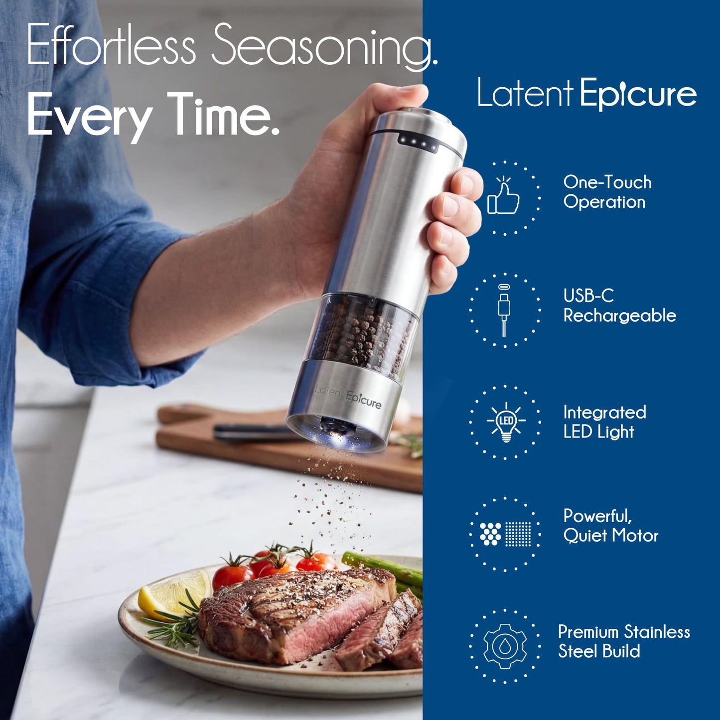 Latent Epicure Electric Salt and Pepper Grinder Set, USB-C Rechargeable Stainless Steel Mills with LED Light, Adjustable Ceramic Grinders and Acrylic Mill Rest Tray