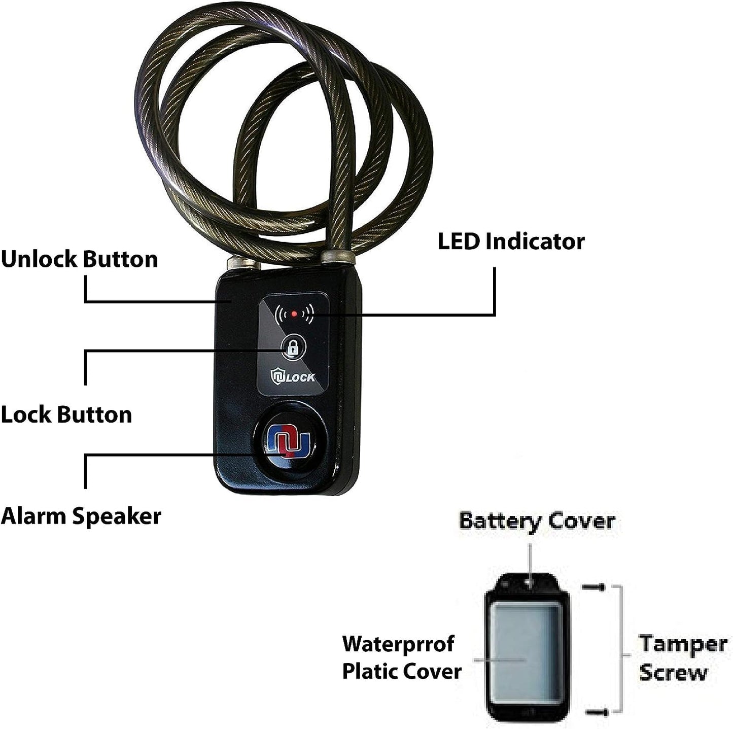 Nulock Keyless Bluetooth Bike/Motorcycle/Gate Lock IP44 Splash-Proof Cycling Lock with 110db Alarm, 0.38" Diameter 24-inch (2ft) Braided Steel Cable Padlock for Gate(2025 Version)