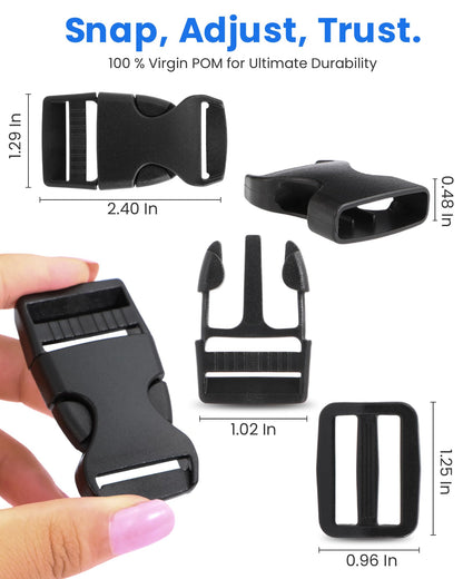 Buckle & Strap Kit - 6 Yards 1 Inch Wide Polyester Webbing Stronger Than Nylon, 6 Plastic Quick Release Buckles & 12 Triglide Clips, Adjustable Extender Straps for Backpack, Dog Collar, Fanny Pack