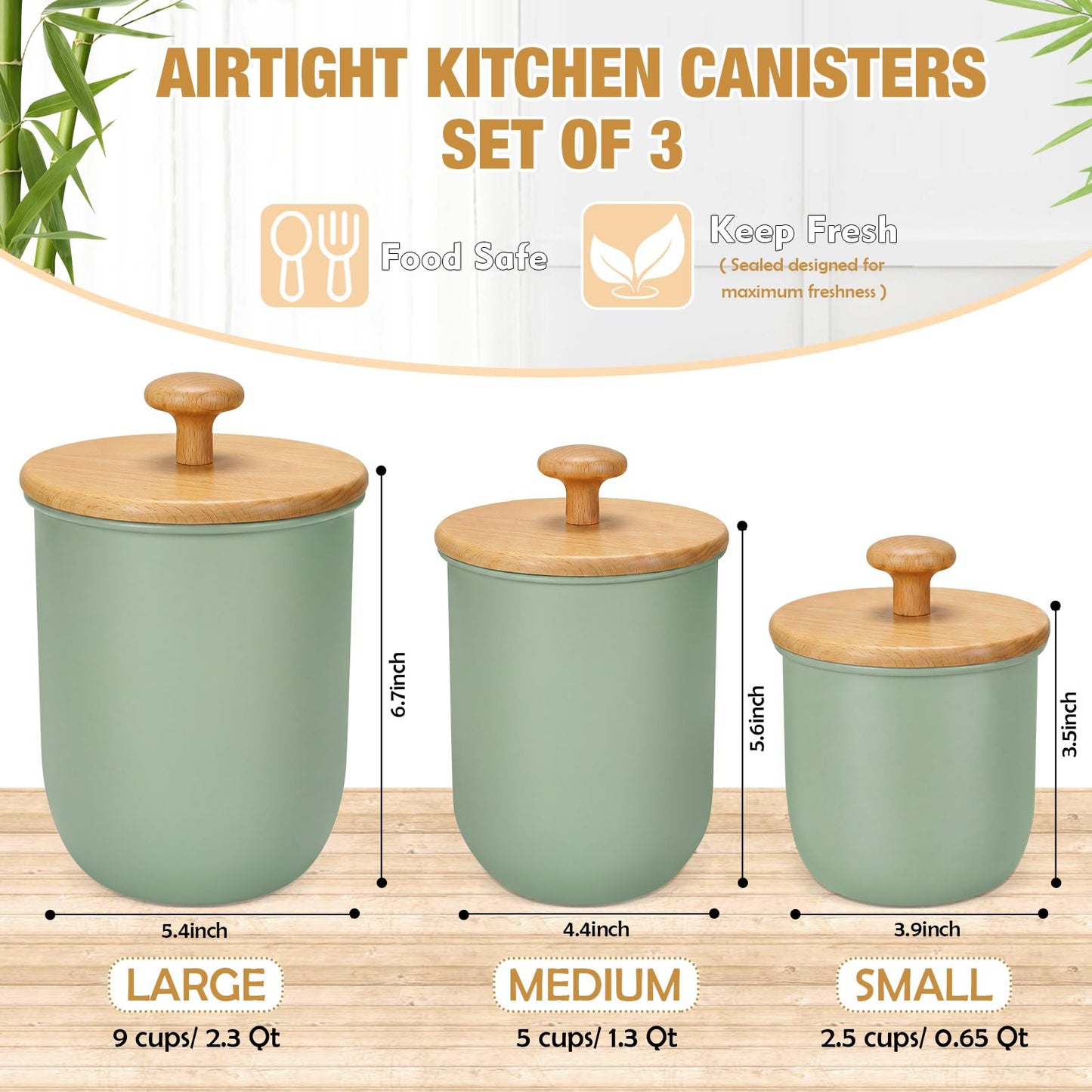 Remerry Metal Kitchen Canisters for Countertop Set of 3 Sugar Flour Canisters Set with Airtight Bamboo Lids Kitchen Jars with Spoon DIY Labels for Coffee, Tea, Spice, Sugar, Salt(Sage Green)