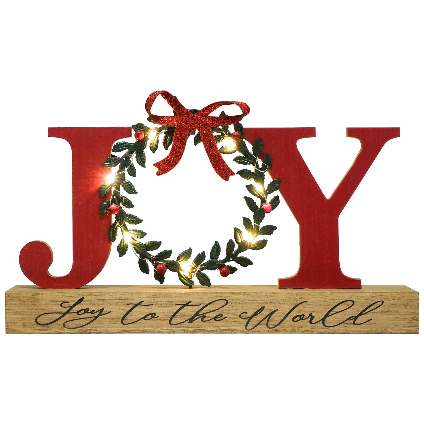 Christmas Decorations for Home LED Lighted Joy Sign with Timer Wreath Farmhouse Wooden Rustic Tabletop Decorative Sign Xmas Holiday Home Decor Indoor Room