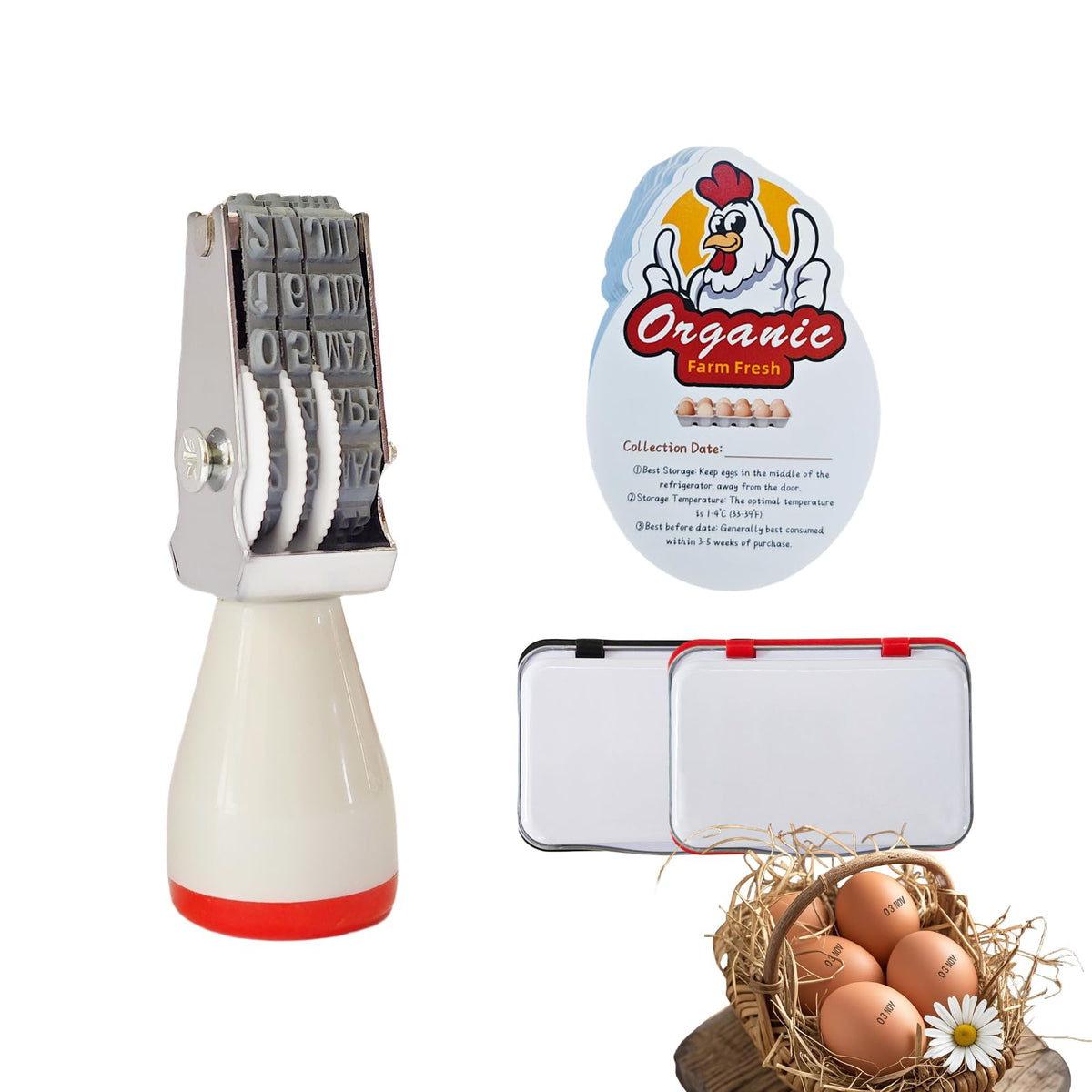 Aunewrick Egg Dater Kit, Date Stamp, 2 Fade-Resistant Inks (Red & Black), Stamper Pad, 50 Farm Fresh Eggs Instructions, for Chicken Duck Turkey Goose Eggs