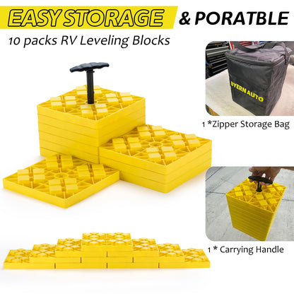 BYERNAUTO RV Leveling Blocks 10 Pack, Heavy Duty Camper Levels Blocks, Interlocking Leveling Blocks with Carrying Bag for Single and Dual Wheels Hydraulic Jacks Tongue Jacks Tandem axles Yellow